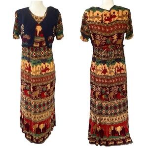 VTG 90s jasmine petite pleated elephant maxi dress short sleeve women medium